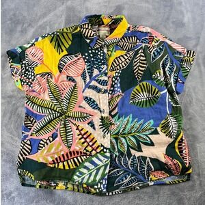 Cynthia Rowley Womens L Linen Tropical Leaf Print Button Up Shirt Grandma Core